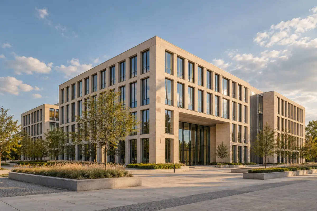 Immeuble de bureaux en pierre claire sous un ciel bleu.