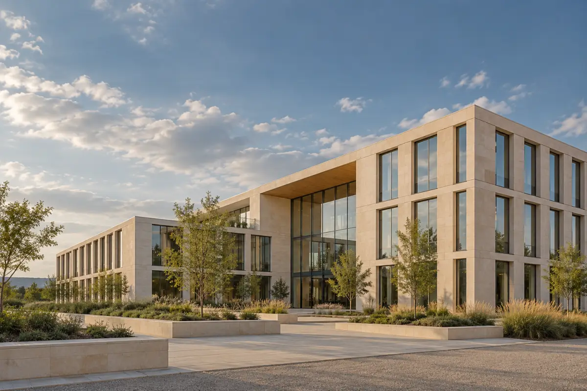 Immeuble de bureaux en pierre claire avec de larges fenêtres.