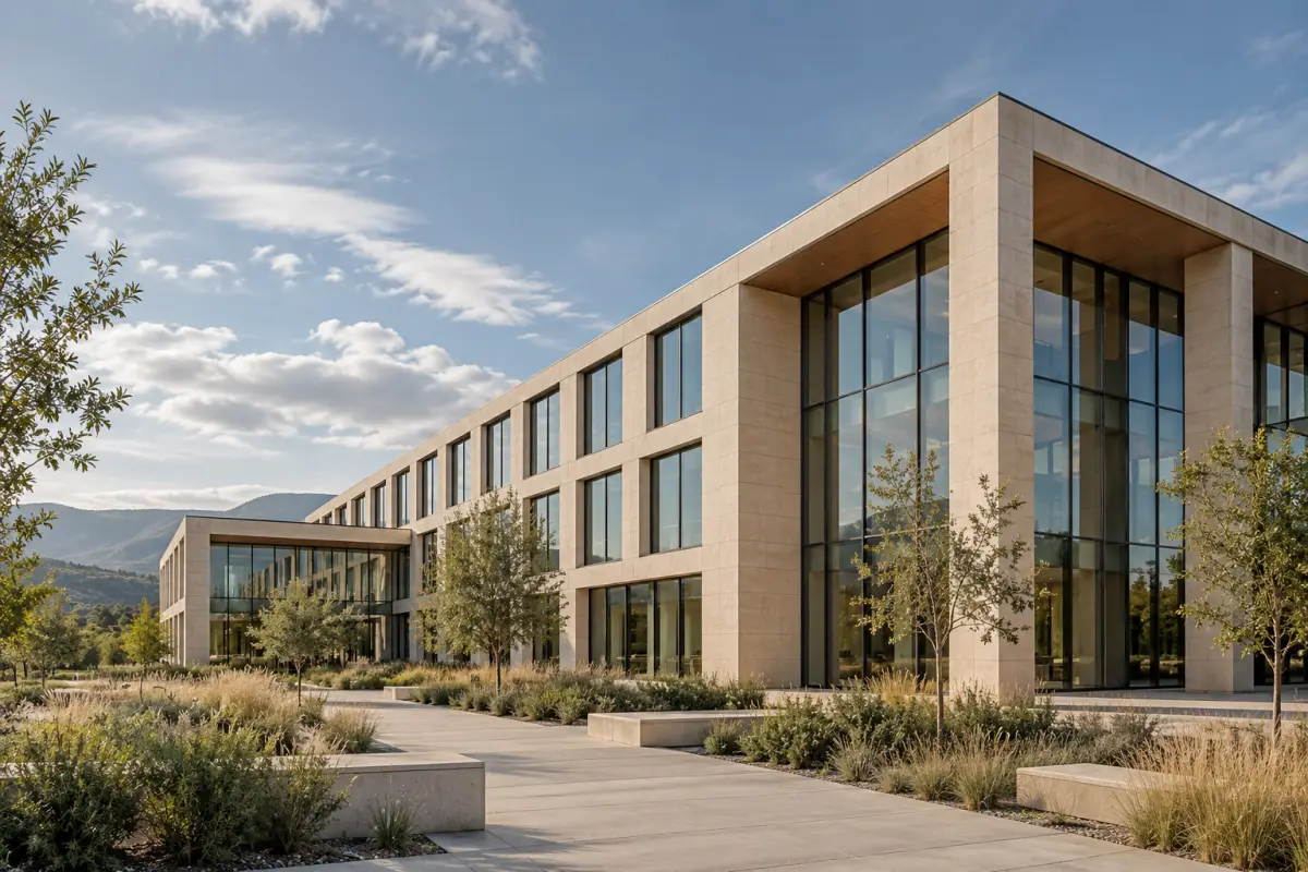 Façade d'un immeuble de bureaux contemporain sous un ciel dégagé.
