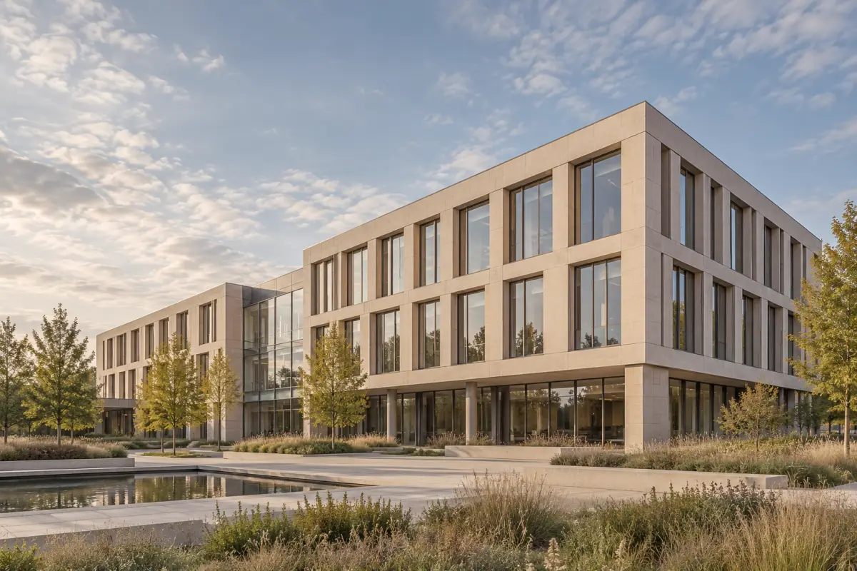 Immeuble de bureaux contemporain en pierre claire, avec de larges fenêtres.